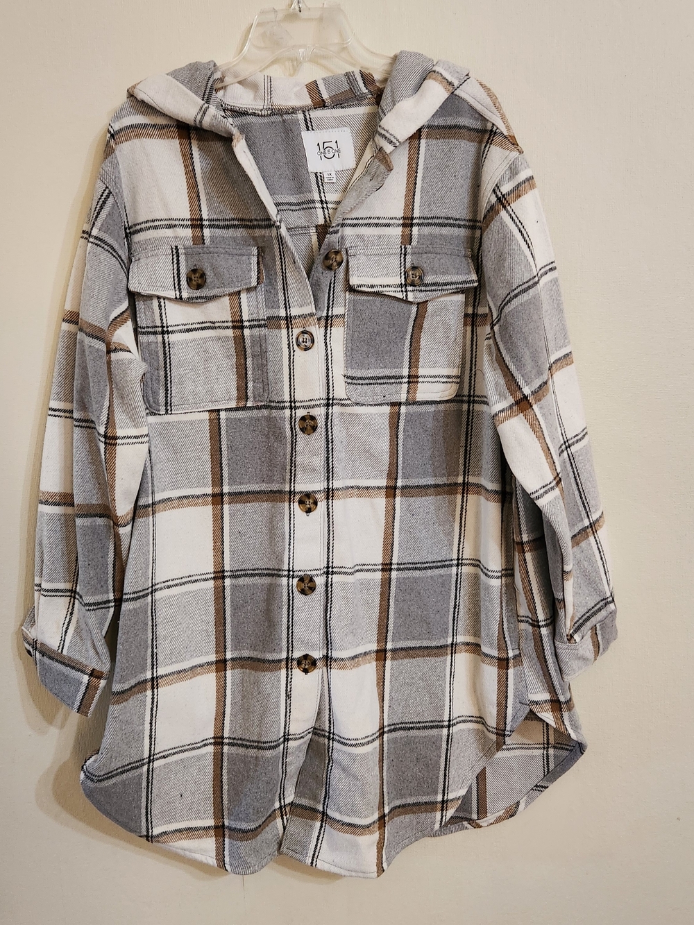 one 5 one Hooded Plaid Button-Down Shirt - Gray, White & Brown
